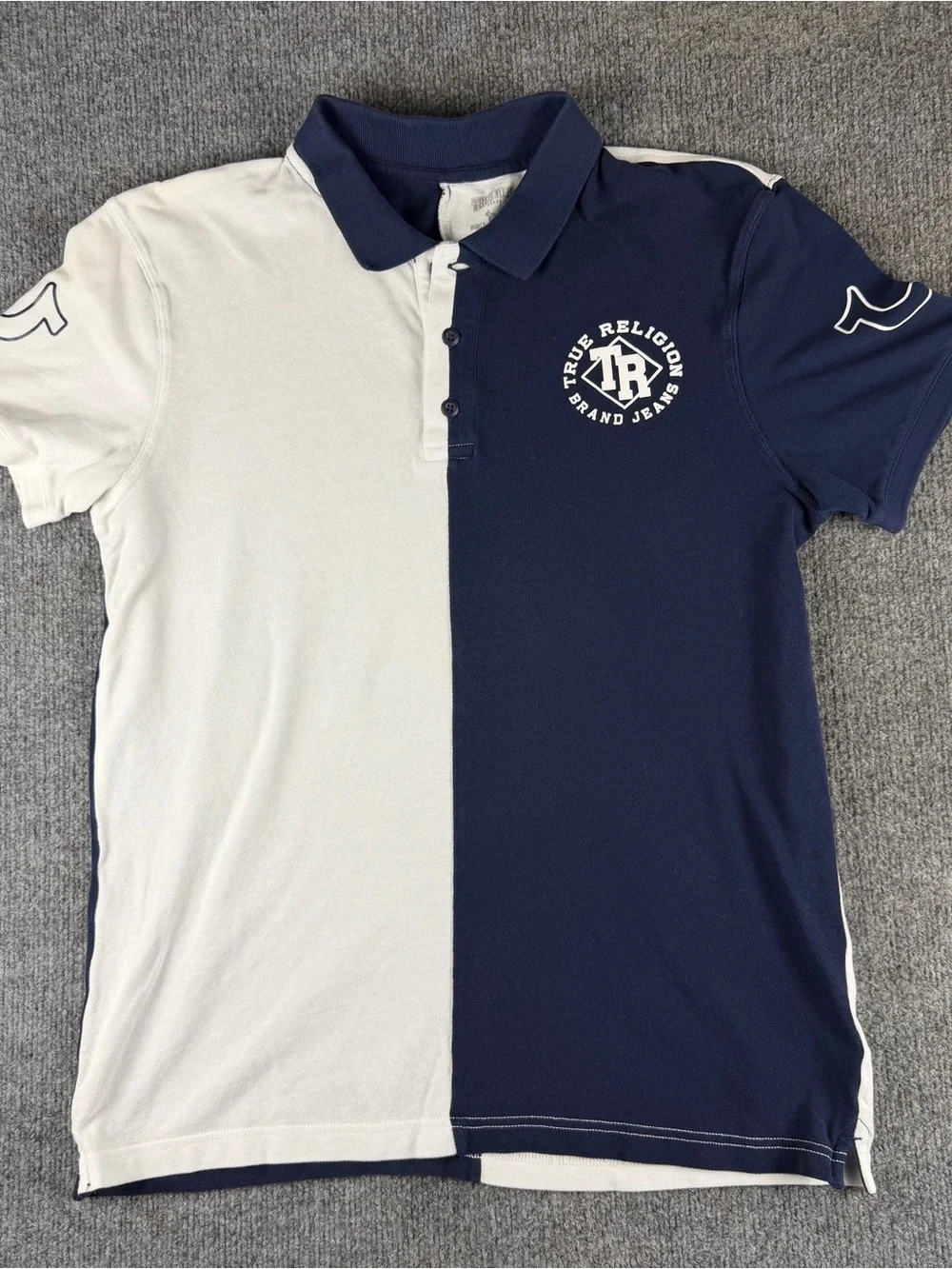 True Religion Polo Rugby Shirt Men’s Large White Navy Slim Fit Retro Streetwear